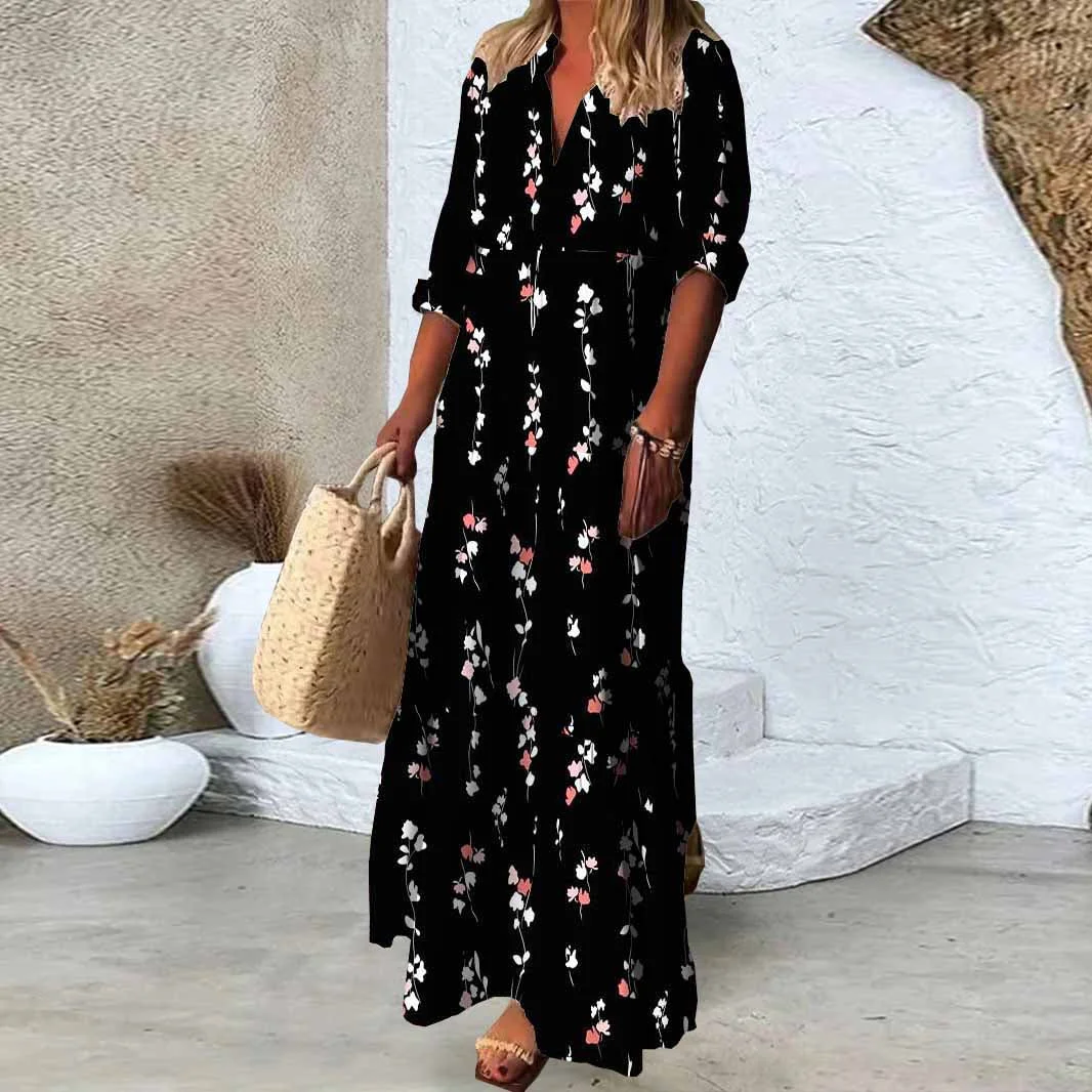 Women Floral, Black, White, Red DZDN1036 SPU Printed Long Sleeve V-neck Maxi Dress