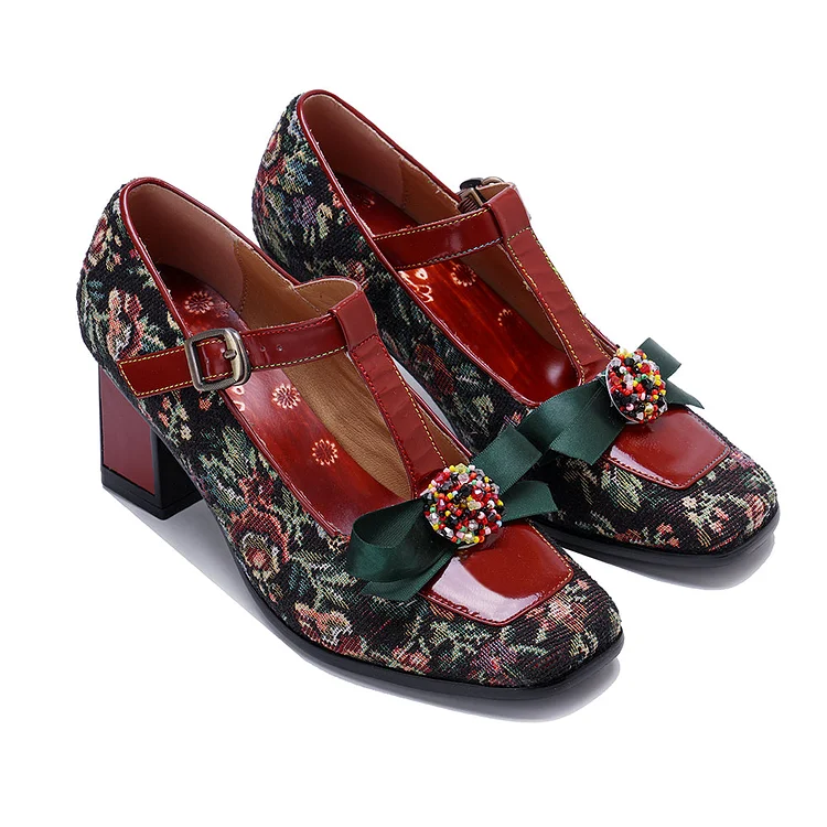 Women's 2025 Leather Mary Jane Shoes Sandals Colorful Summer Shoes with Bow Block Heels