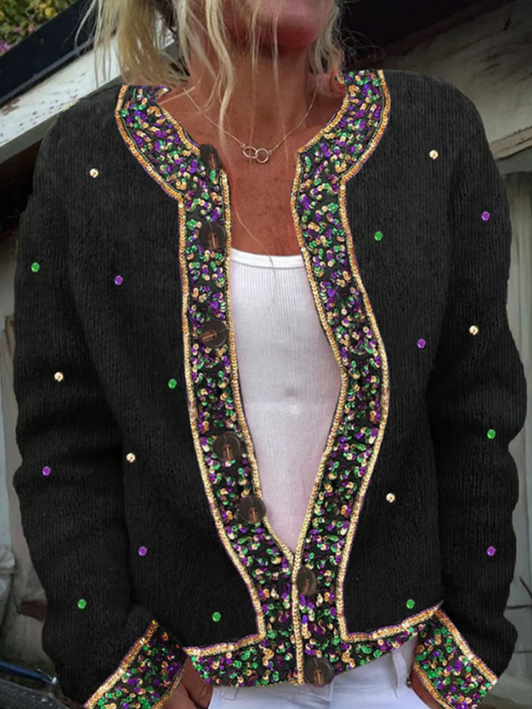 Comstylish Vintage Mardi Gras Color Block Buttons Cardigan Sweater