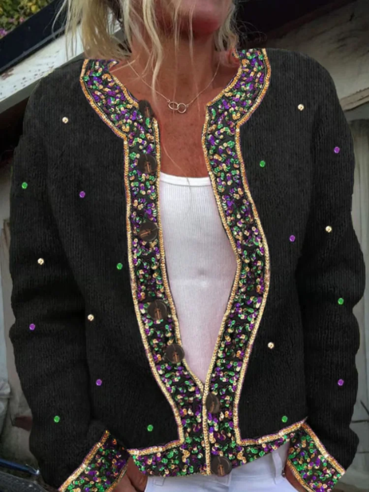 VChics Vintage Mardi Gras Color Block Buttons Cardigan Sweater