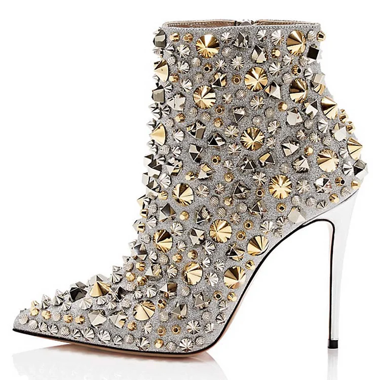 Silver Glitter Studs Zipper Stiletto Heel Ankle Boots |FSJ Shoes