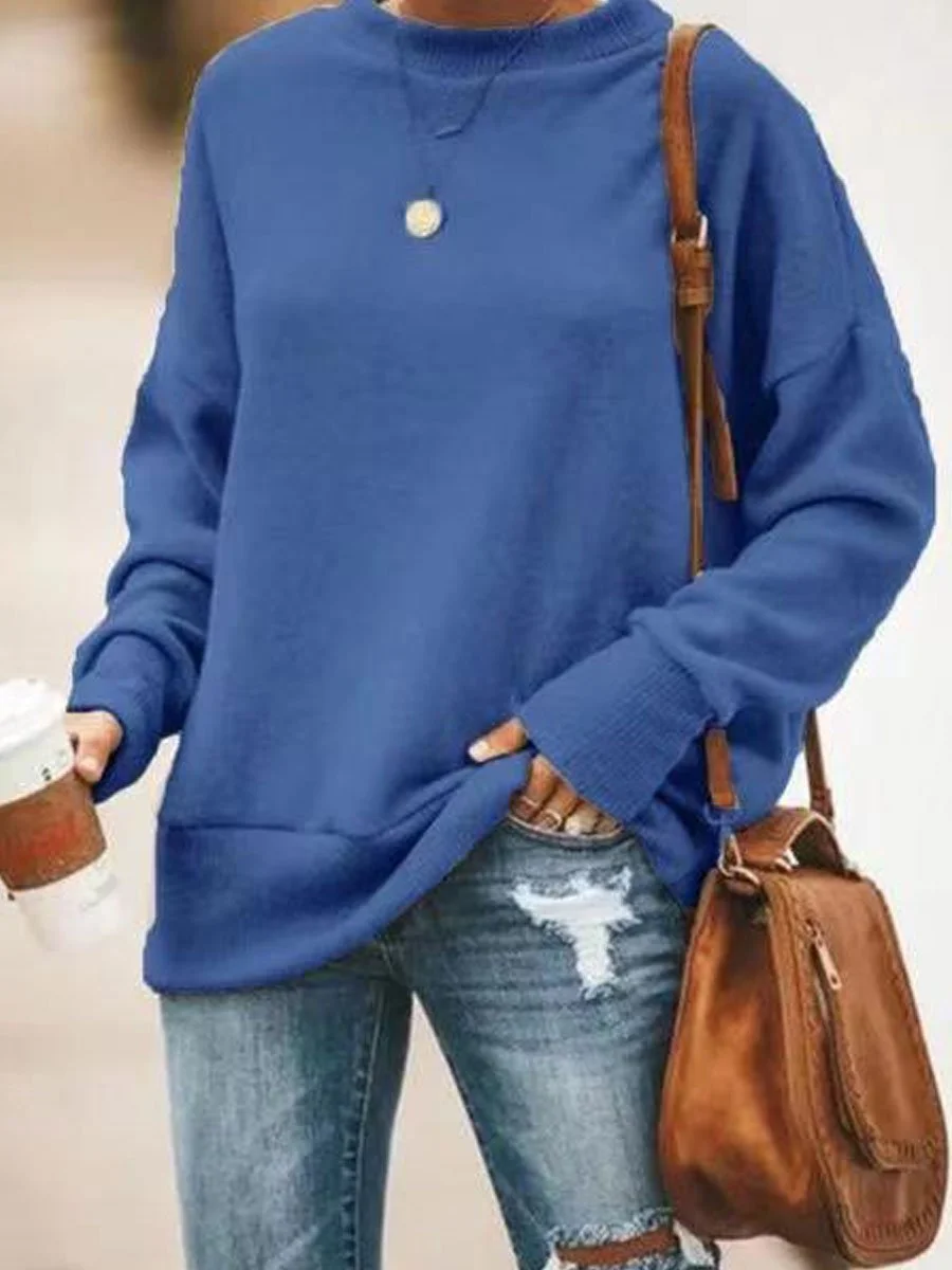 Round Neck Solid Color Long-sleeved Sweashirt