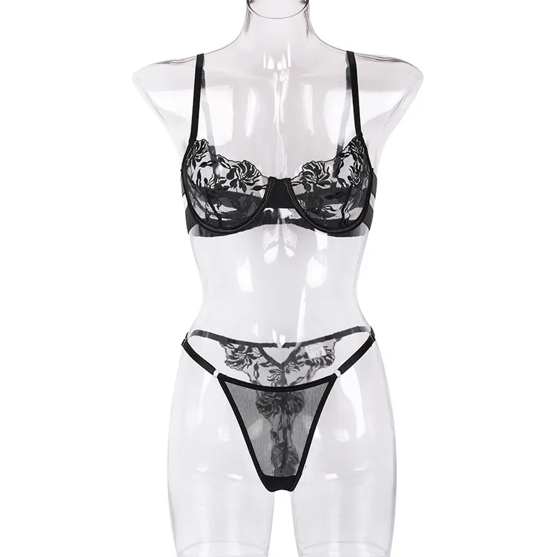 Billionm Two Pieces Set Lingerie Women Black Floral Underwear Push Up Bra and Panties Set Embroidery Flower See Through Lengerie Sex Wear