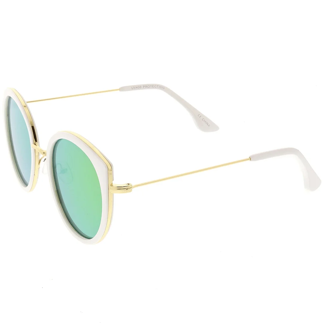 Modern Cat Eye glasses Metal Trim Round Colored Mirror Flat Lens 53mm