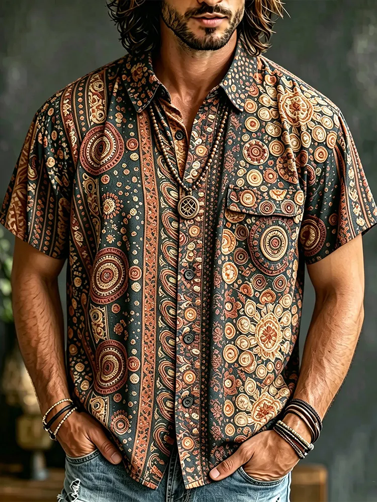 Vintage Ethnic Circular Geometric Print Mens Short Sleeve Linen Shirt, Boho Retro Paisley Pattern Loose Fit Casual Summer Beach Shirts