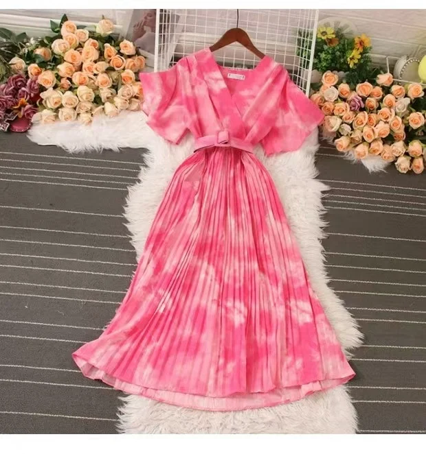 Athvotar Athvotar French Crumlom Dyed Summer New Waist Display Thin And Long Elegant Folded Chiffon Dress Holiday Woman