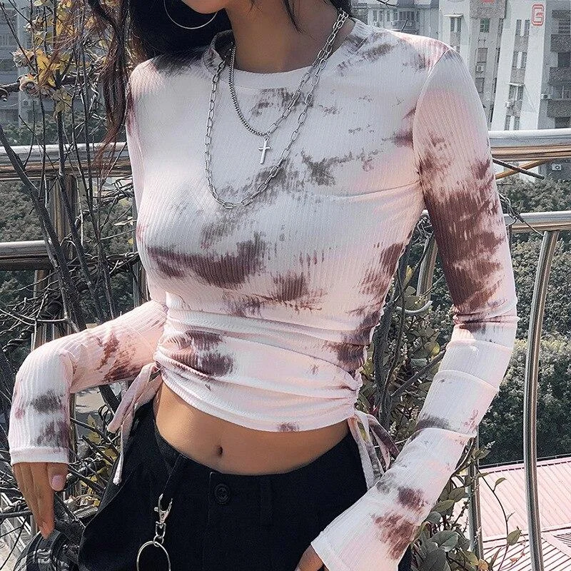 Back To College Articat Tie Dye Printed Ribbed T Shirt Women Long Sleeve Drawstring Bodycon Crop Tops Srping Ladies Skinny Clothes Streetwear