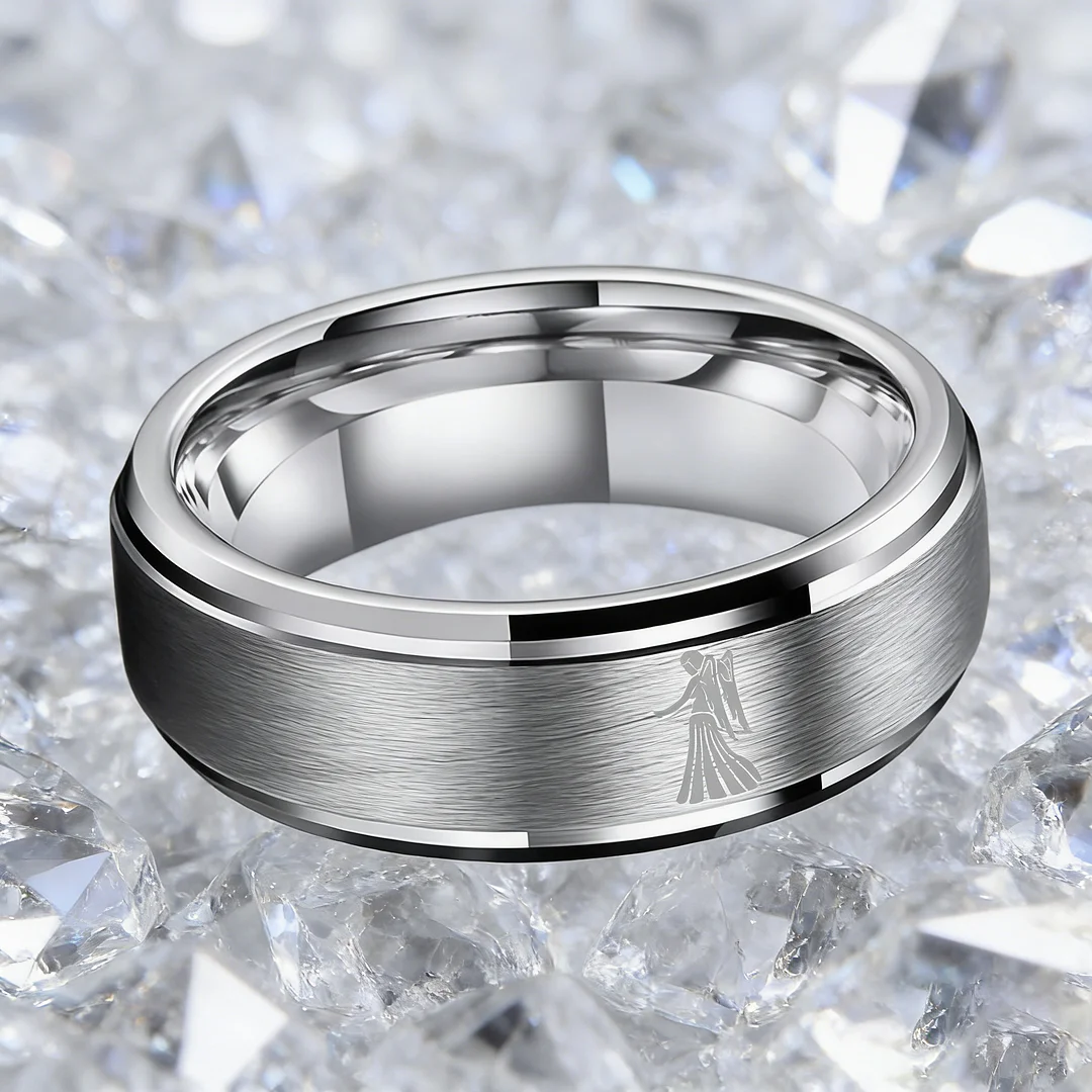 Virgo Laser Pattern Step Edge Tungsten Carbide Rings Sliver Tungsten Wedding Bands for Men and Women 4MM 6MM 8MM
