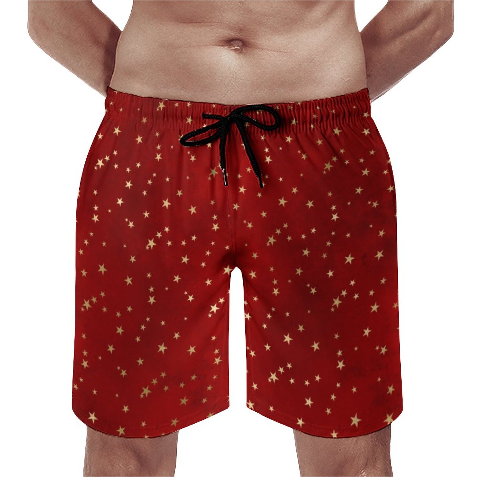 Festive Gold Star Burgundy Red Elegant Men's Swim Trunks Summer Board Shorts Quick Dry Beach Short with Pockets