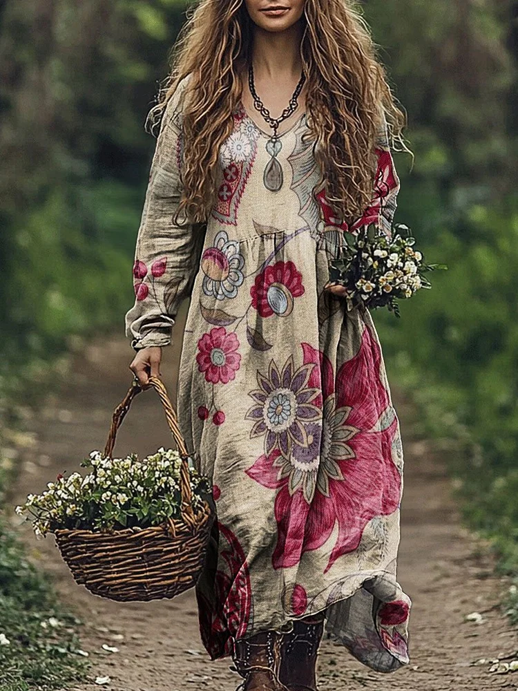 Women's Retro Floral Print Pocket Cotton Dress