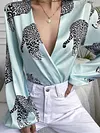 Deep V-Neck Leopard Print Long Sleeve Stylish Blouses&Shirts Tops