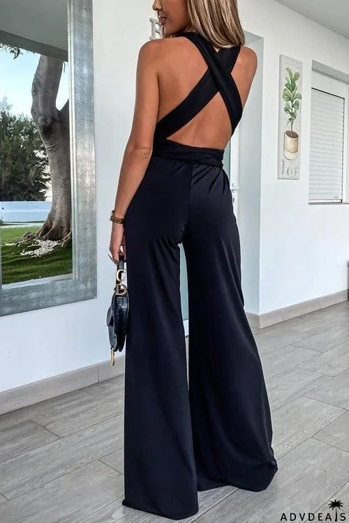 Solid Color Slim V Neck Lace Up Sleeveless Jumpsuit