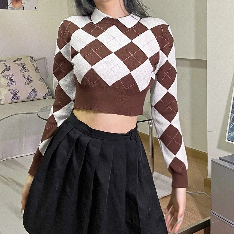 HEYounGIRL Argyle Plaid Brown Y2K Crop Top Sweater Women Korean Preppy Style Long Sleeve Knitted Pullover Fashion Autumn Jumpers