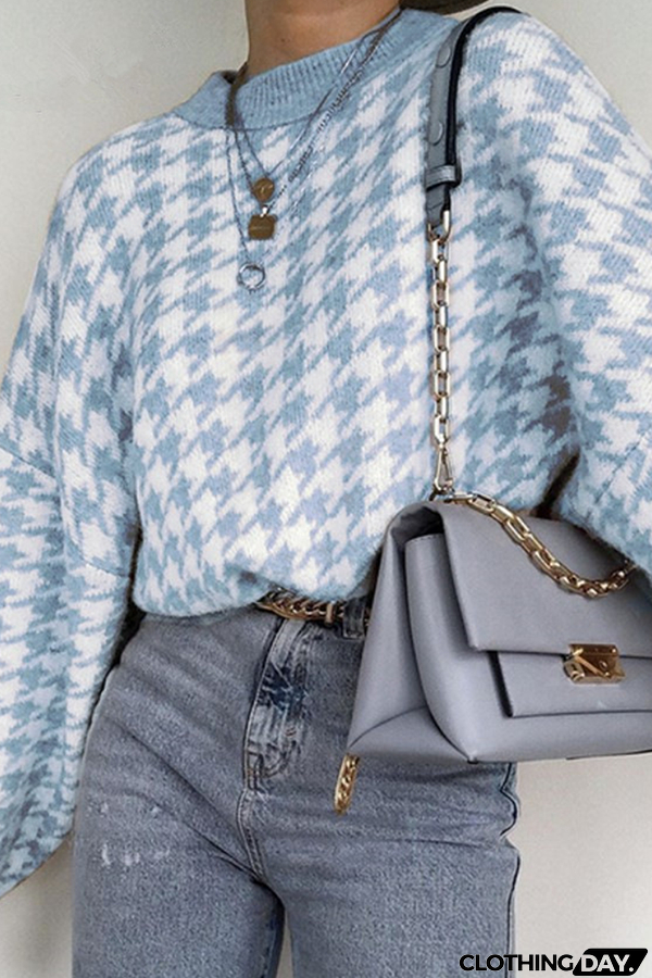 Fashion Street Geometric Patchwork Contrast O Neck Sweater(3 Colors)