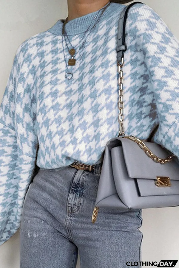 Fashion Street Geometric Patchwork Contrast O Neck Sweater(3 Colors)