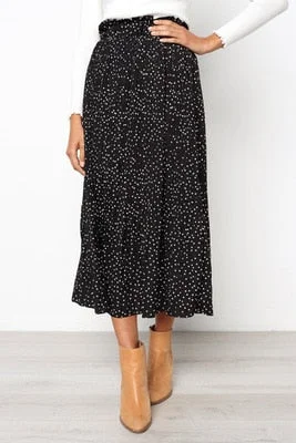 2021 Summer Autumn Casual Chiffon Print Pockets High Waist Pleated Maxi Skirt Womens Long Skirts For Women