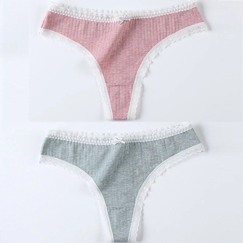 2 Pieces Women Panties Thongs Cotton Striped Underwear Comfortable Cute Low-Rise Ladies G-String Briefs Sexy Kawaii Lingerie