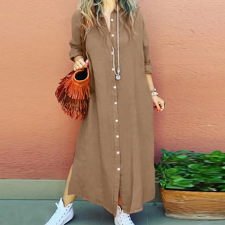 Women's Solid Shirt Dress Lapel Single Breasted Shirt Dress