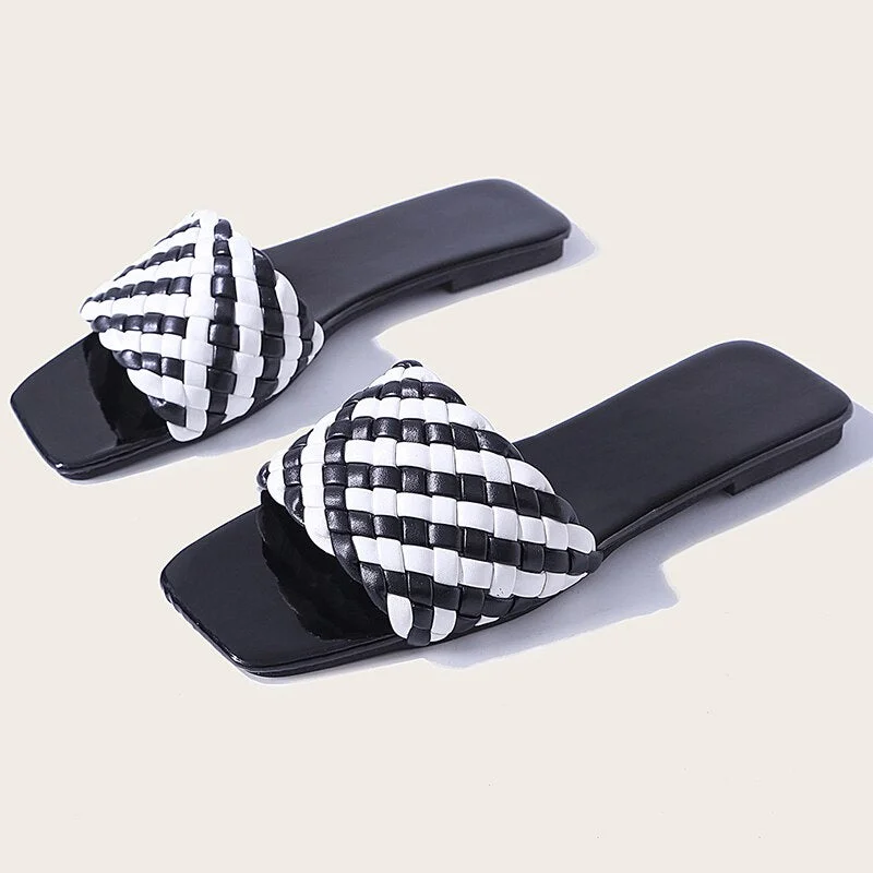 Women Slipper Black White Weave Design 2021 Summer Fashion Open Toes Best-selling Flat Sandal High Quality Casual  Women Shoes