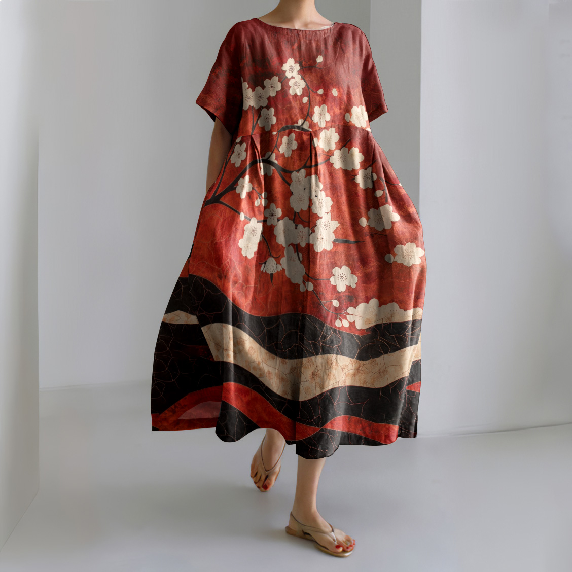 Women's Japanese Art Sakura Blossom Print Linen Blend Dress