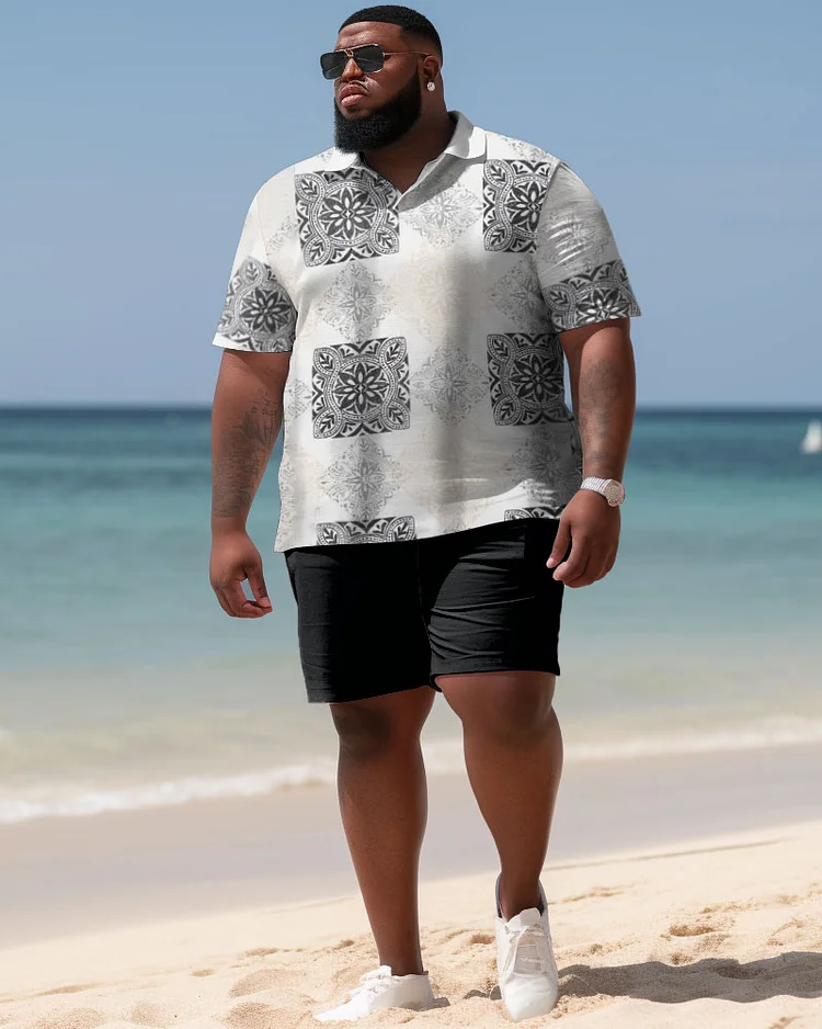Men's Large Size Hawaiian Color Block Pattern Shirt Shorts Two Piece Set