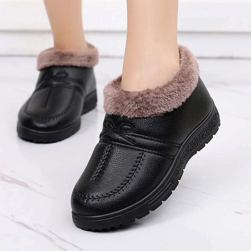 Women's Winter Warm Fleece Flat Flat Non-Slip PU Waterproof Cotton Shoes
