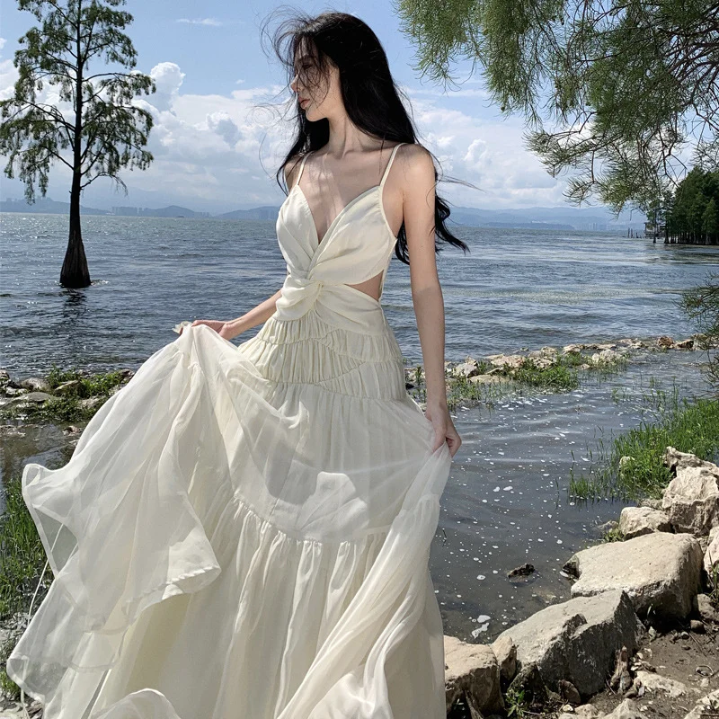 Churchf Churchf French Heavy Industry Dress With Pure Color Butterfly Sling Dress Two Color Female Sanya Vacation Dress