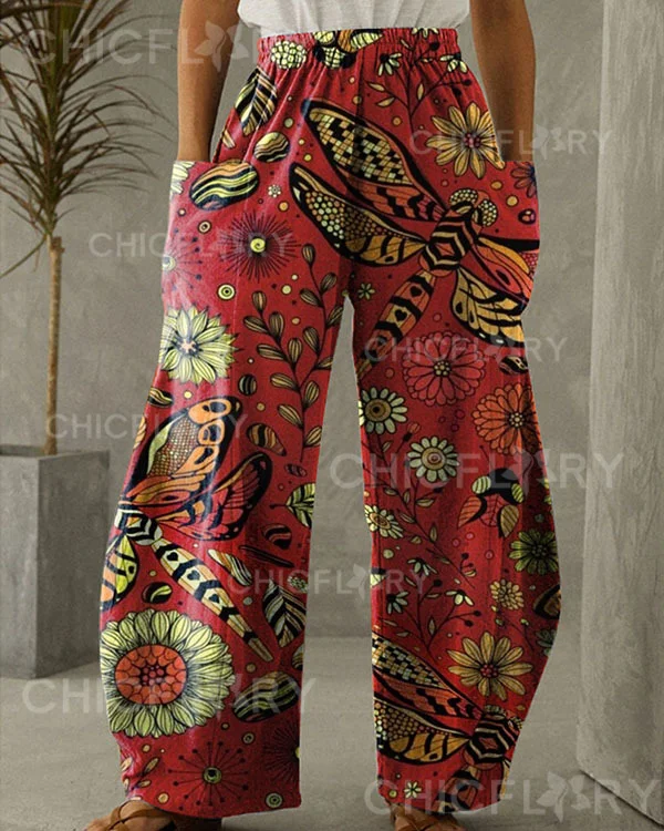 Dragonfly Flower Casual Loose Pants