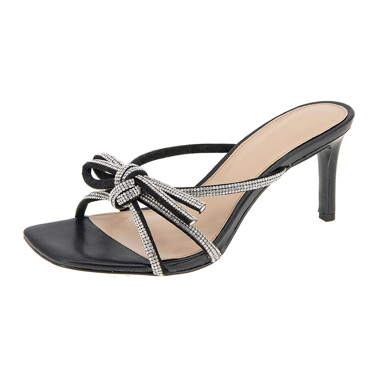 Black Open Toe Rhinestone Strap Stiletto Heel Slide Sandals with