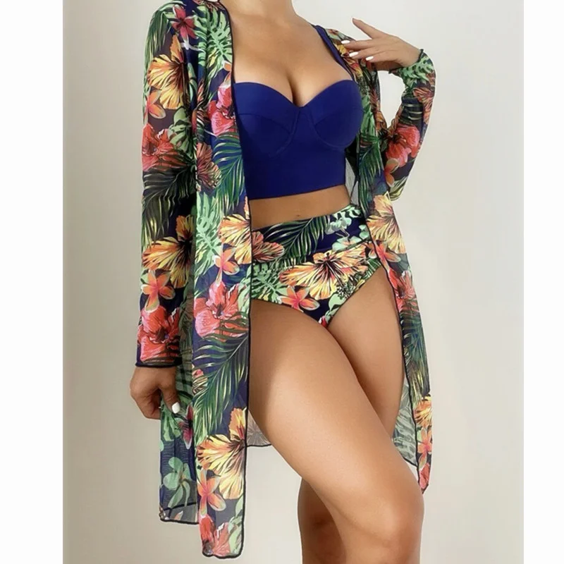 Uveng Uveng New Sexy Bikini Mesh Three-Piece Set Gathered Print Split Swimsuit Woman