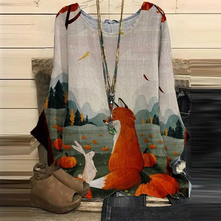 Animal Print Round Neck Loose Retro Cotton Linen Tops