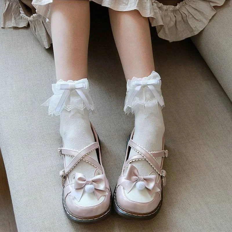 Lourdasprec 1 Pair Lolita Socks Maiden Lovely Woman Lace Bows Short Socks Summer Sweet Ruffle Cotton Princess Socks High Quality