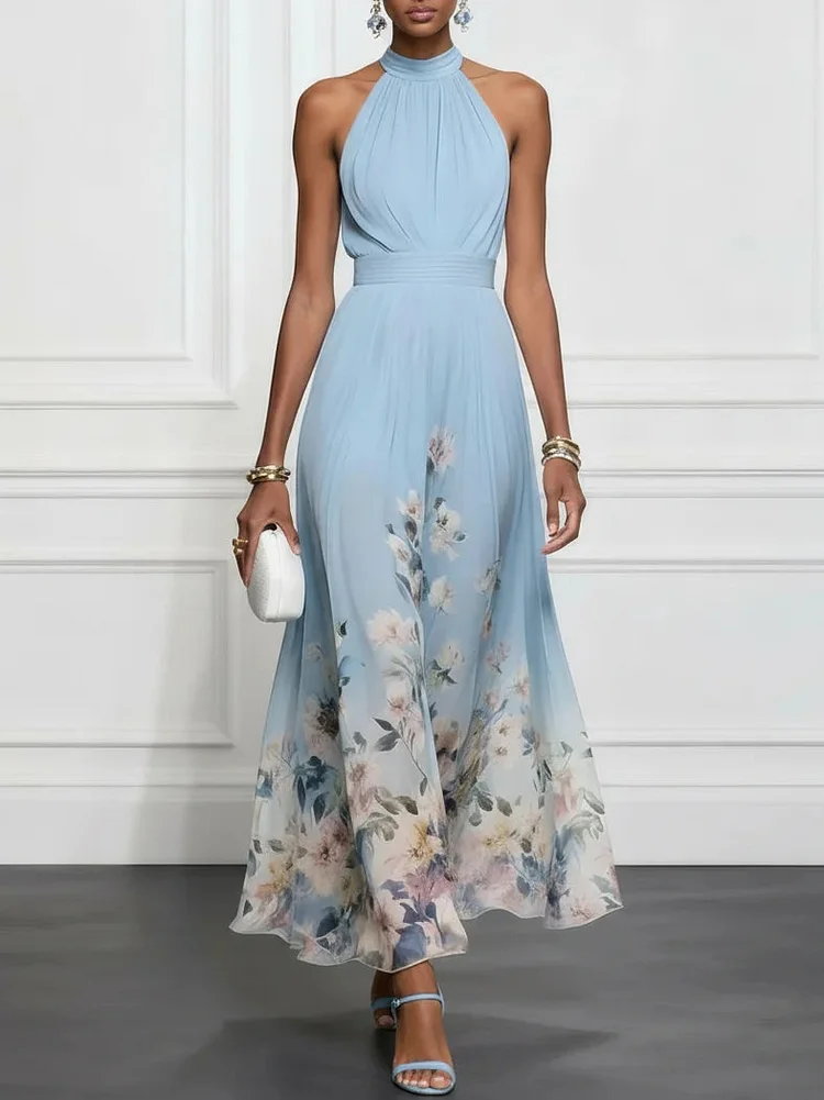 Light Blue Floral Chiffon Halter Sleeveless Maxi Dress