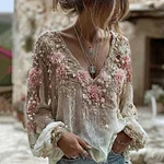 Women's Pink Rose Embroidery Art V Neck Long Sleeve Linen Blend T-shirt - Image 2