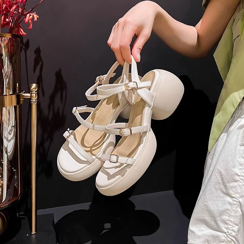 Woherb Woherb Step On Excrement Feeling ~ Light Soft Leather High Heel Sandals Female Summer New Style Thick Heel Thick Sole Heel Not Tired Feet Super Fairy Match Skirt-Outfit Ideas