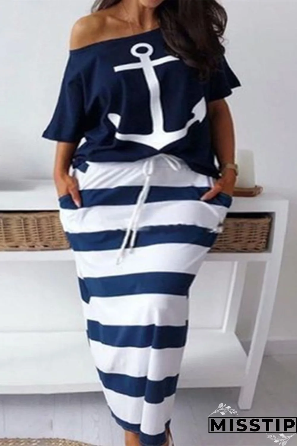 White Fashion Casual Print Basic Oblique Collar Plus Size Two Pieces