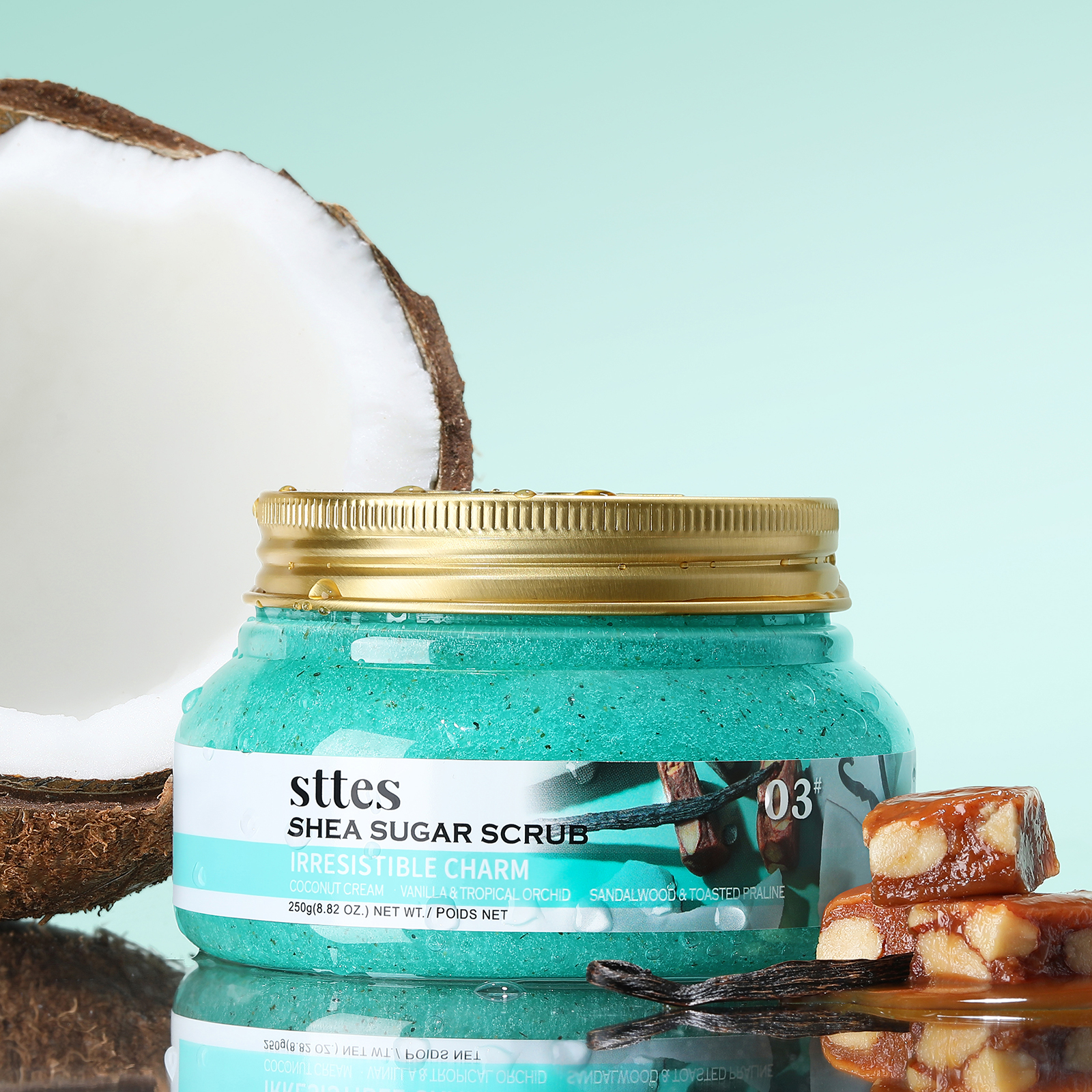 Sttes Shea Sugar Scrub 03# Irresistible Charm &ndash; Coconut Cream, Vanilla Tropical Orchid & Sandalwood Toasted Praline Scent &ndash; Luxurious Softening Nourishing Scrub 250g