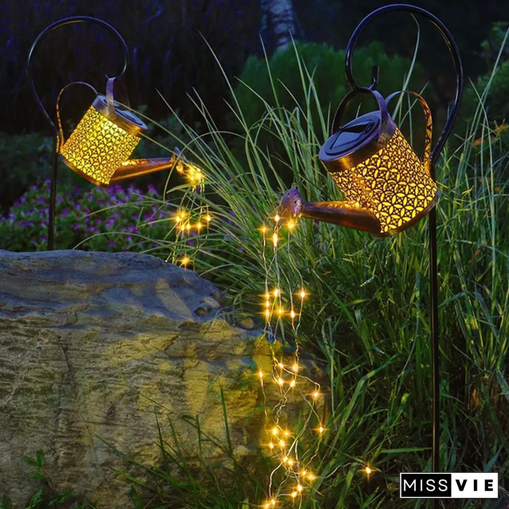 Retro Solar Watering Can Sprinkles LED Light Fairy Metal Wrought Iron Hollow Out Lamp