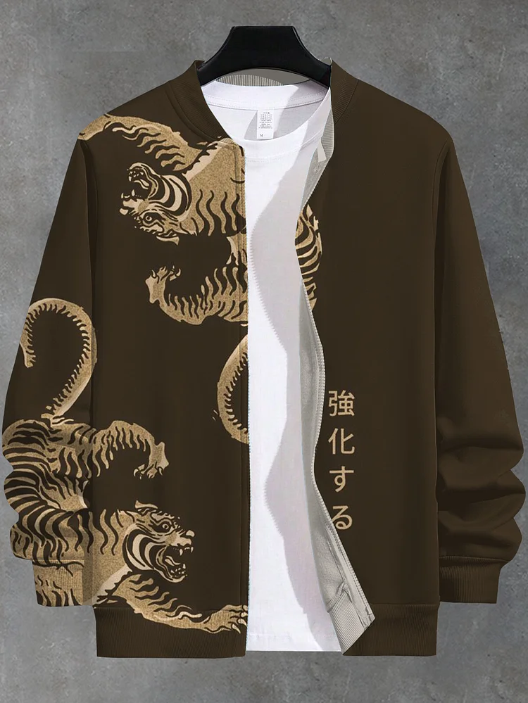 Men's Japanese Vintage Tiger Art Print Casual Zip Up Jacket