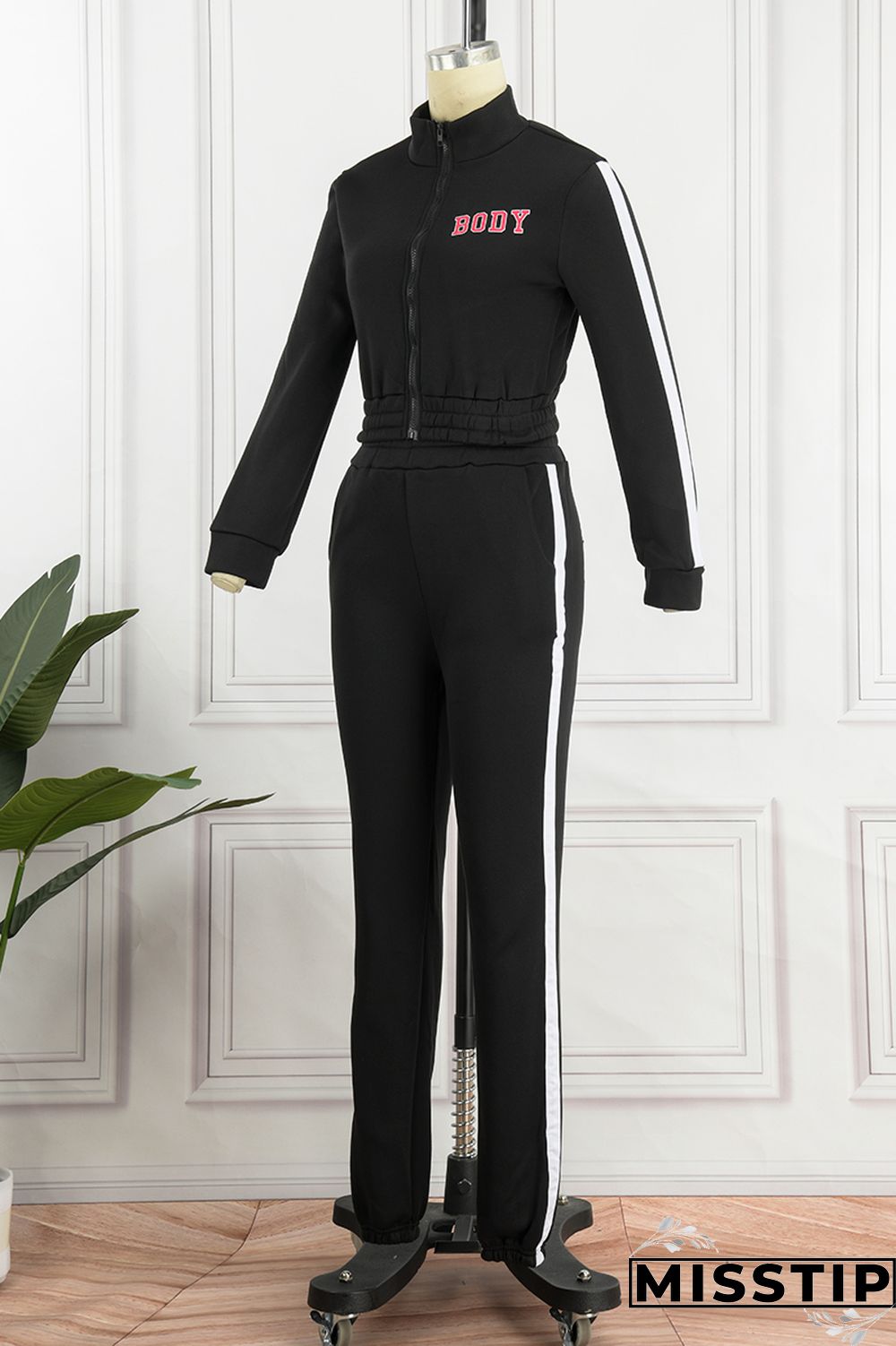 Blue Casual Letter Print Patchwork Zipper Collar Long Sleeve Two Pieces