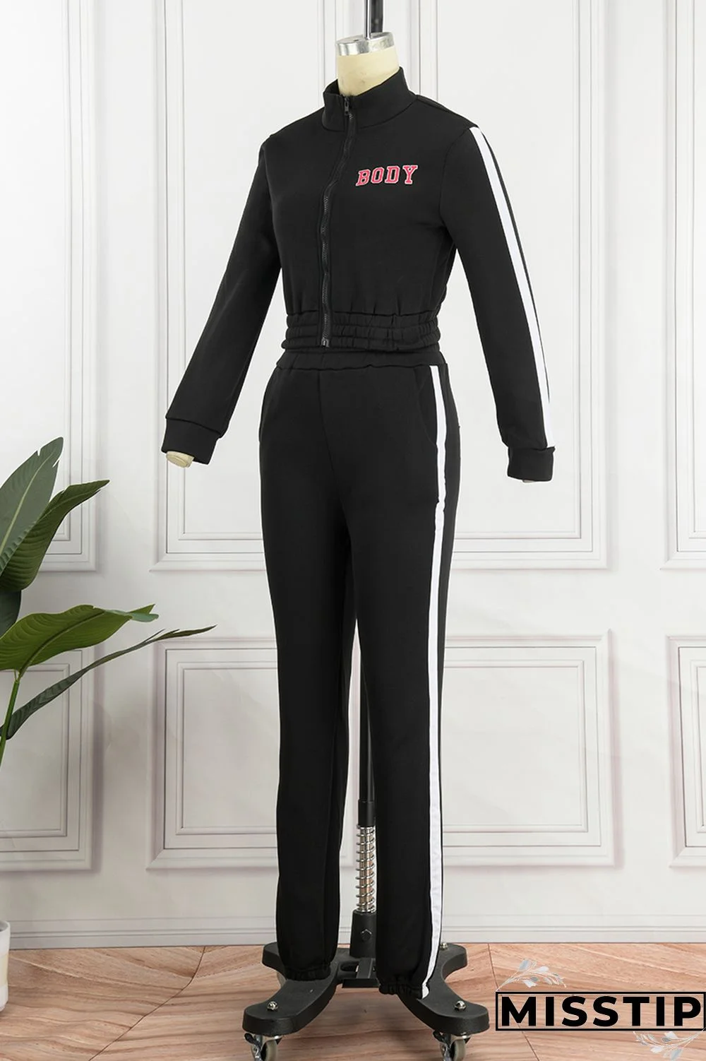 Blue Casual Letter Print Patchwork Zipper Collar Long Sleeve Two Pieces