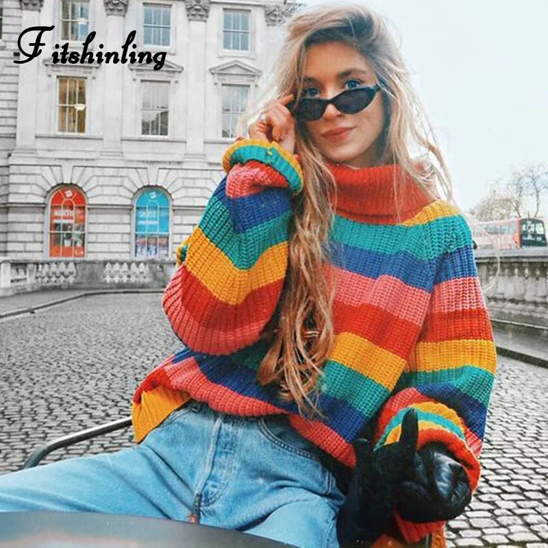 Fitshinling 2020 Winter turtlenecks sweaters for women rainbow stripes fashion pullover female knitted jumper lady's sweater hot