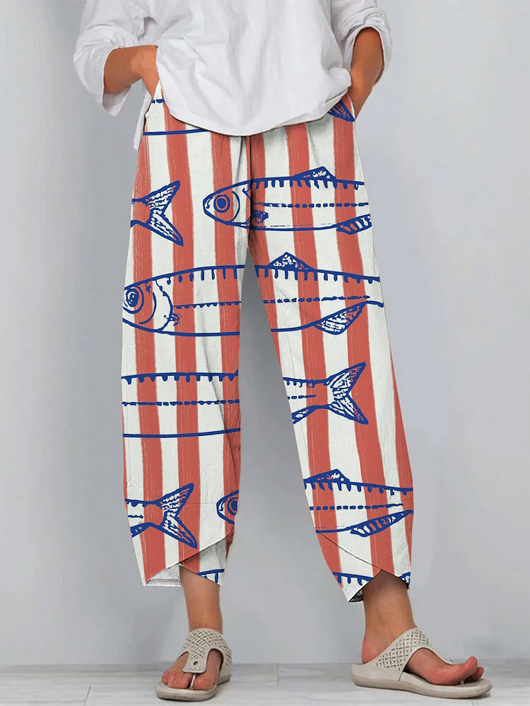 Japanese Red Sardines Art Print Cropped Pants