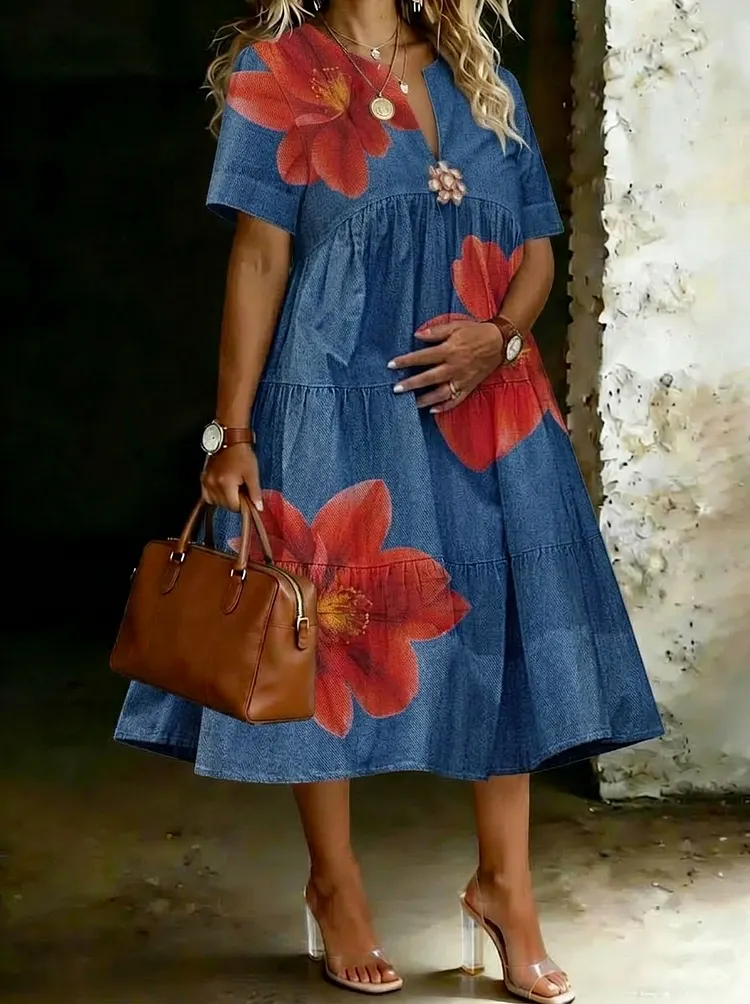 Women&rsquo;s Casual Stylish Flower V-neck Denim Dress