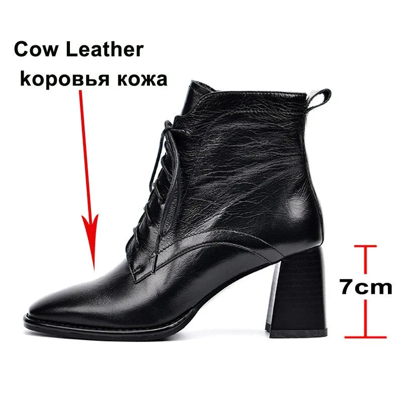 Meotina Real Leather High Heel Ankle Boots Women Shoes Square Toe Chunky Heels Zip Cross Tied Female Short Boots Autumn Brown