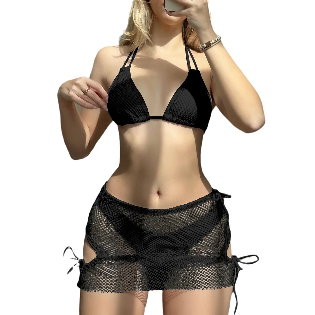 Uveng 2024 New Grid Yarn Swimsuit Three-Piece Swimsuit Bikini