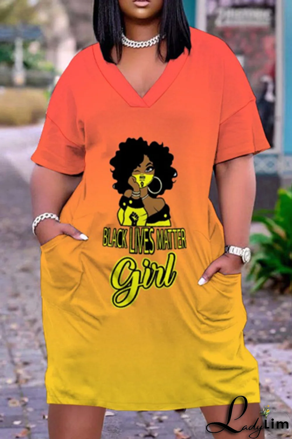 Rose Red Casual Gradual Change Print Pocket V Neck Straight Dresses