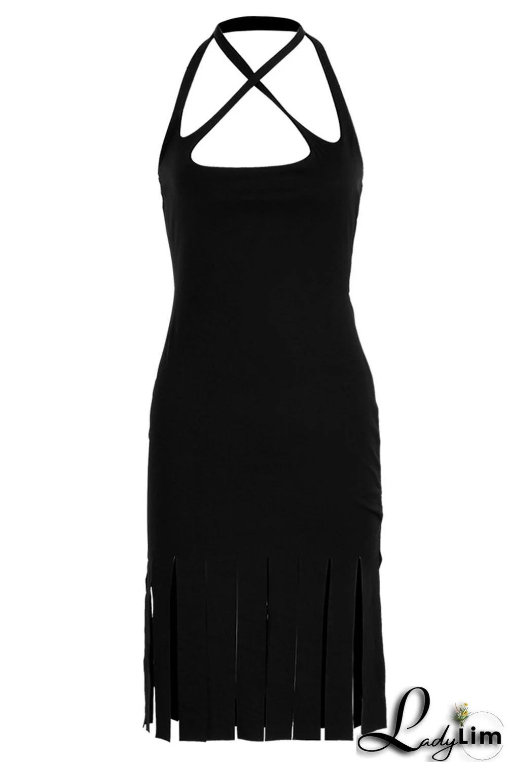 Black Sexy Solid Tassel Split Joint Pencil Skirt Dresses