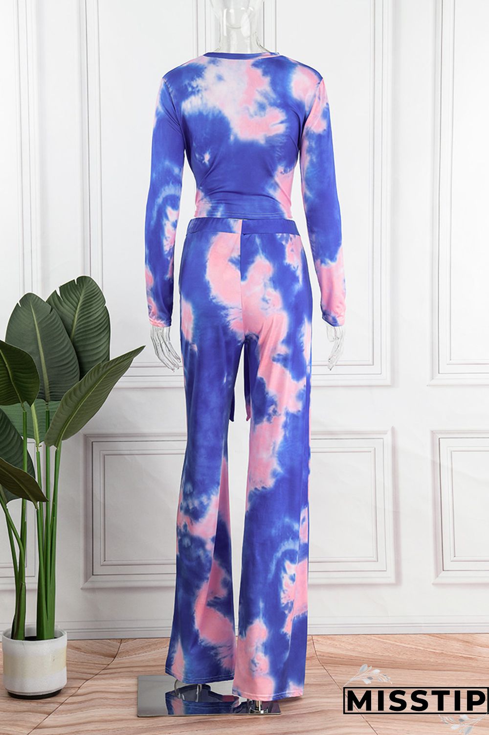 Deep Blue Casual Print Tie-dye O Neck Long Sleeve Two Pieces
