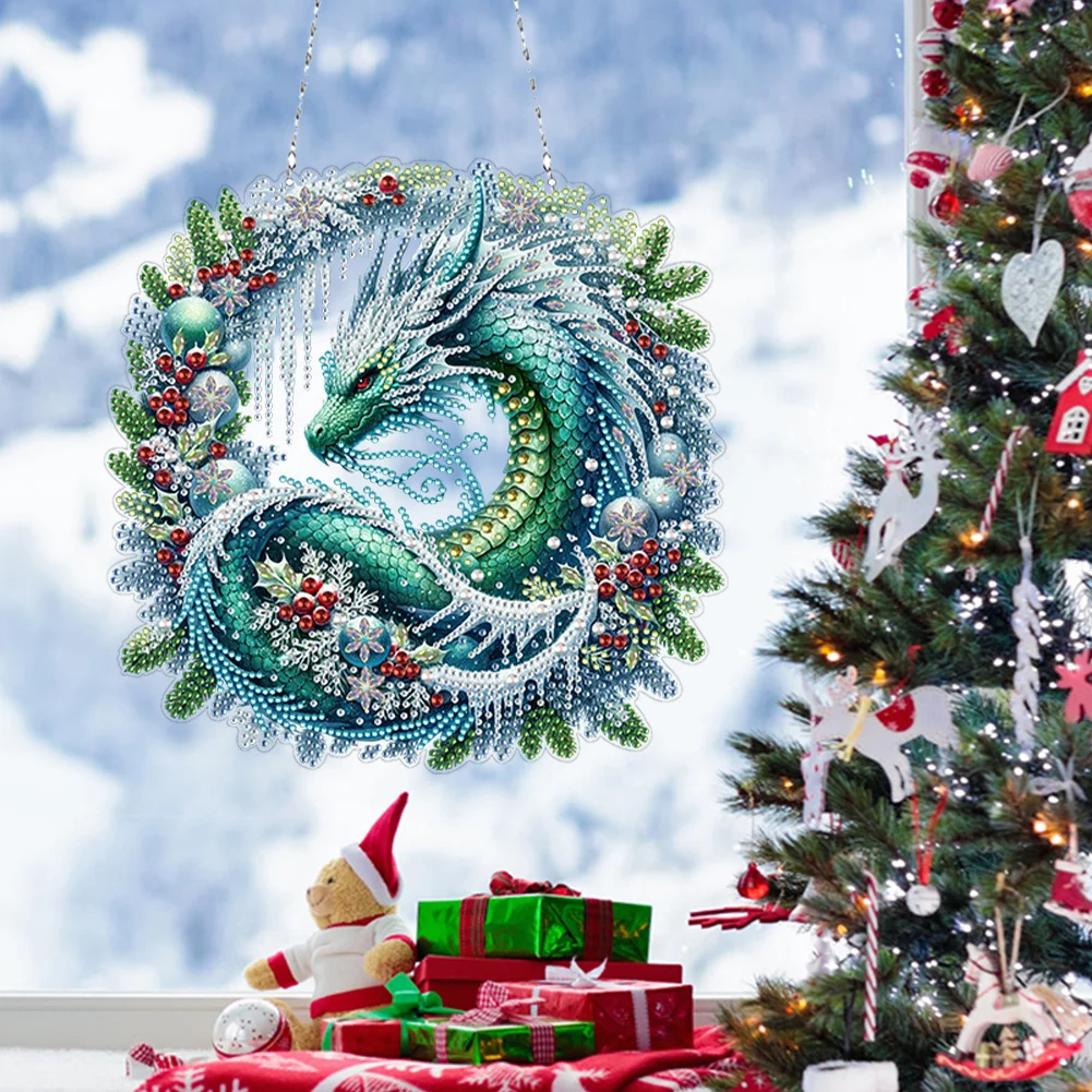 5D DIY Christmas Dragon Wreath Acrylic Special Shape Diamond Painting Art Pendants for Wall Window